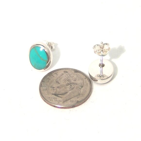 Sterling Silver Turquoise Stud Earrings Oval Bezel Set Hand Polished 10 x 8 mm - Picture 6 of 6